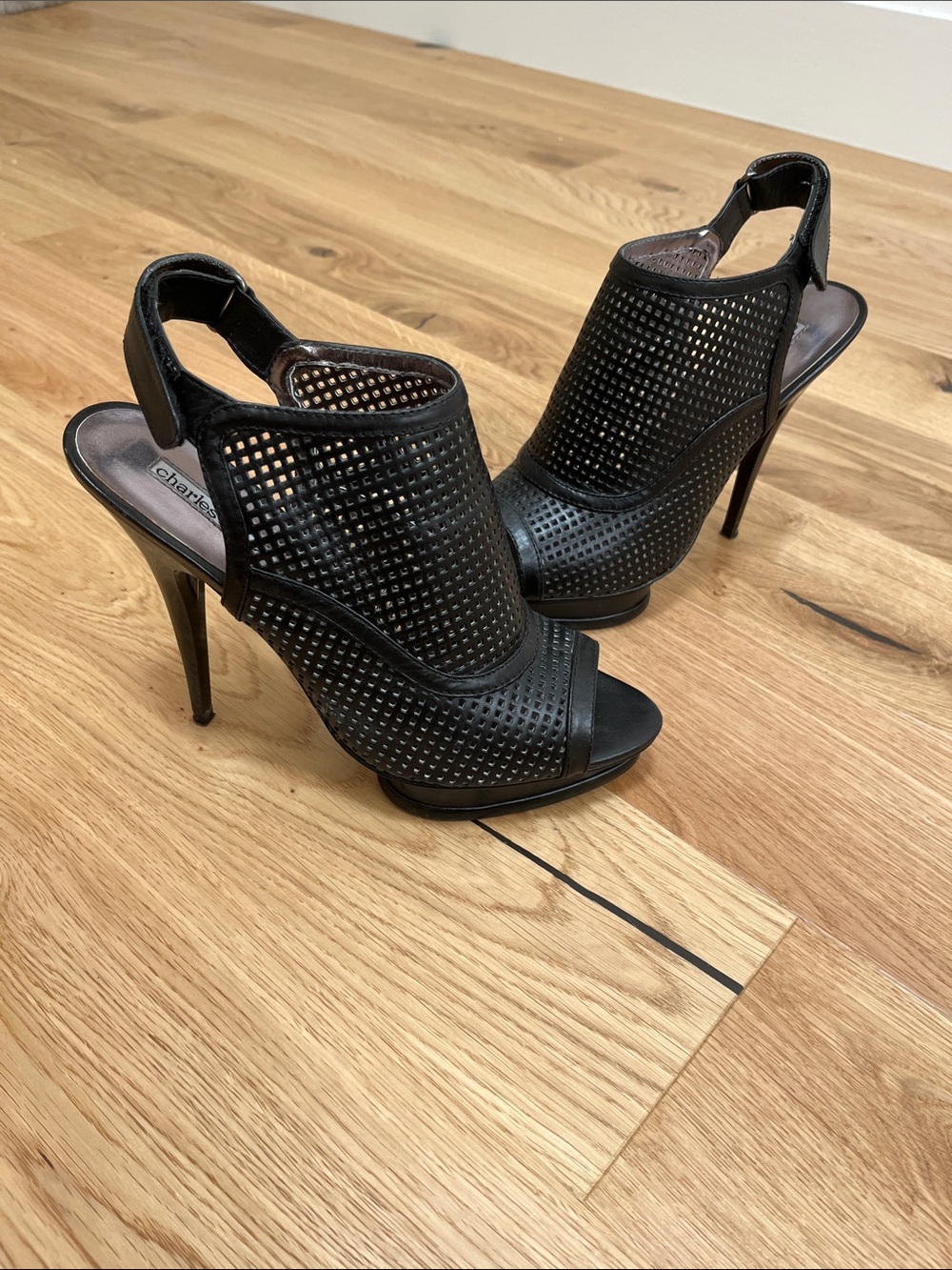 Charles David Black Leather Perforated Peep-Toe Slingback Stilettos